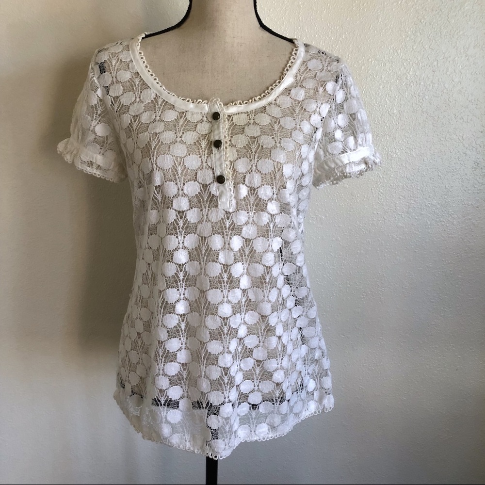 Anthropologie-Nick&Mo Cream lace s/s top w/buttons